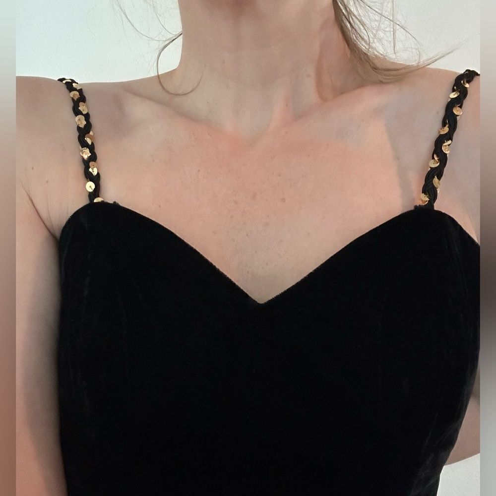 Lillie Rubin black velvet maxi dress gown long gold sequin straps 4